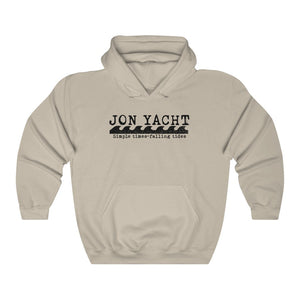 Jonny Waves sand-colored cotton-polyester blend hooded sweatshirt with "JON YACHT" and wave graphic.