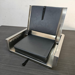 Silver stainless steel flip-up stowable boat seat with black vinyl cushions and a securing strap.