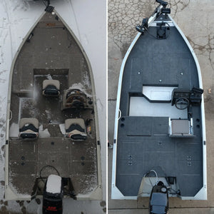 Overhead view of a boat deck, before and after installing a gray flip-up stowable JumpSeat.