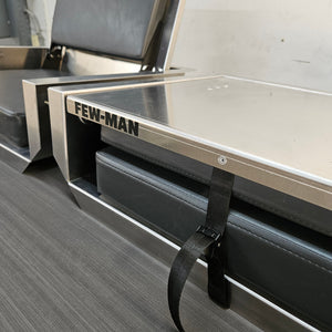 Silver Few-Man JumpSeat, a flip-up stowable boat seat with black vinyl cushions and a cinch strap.