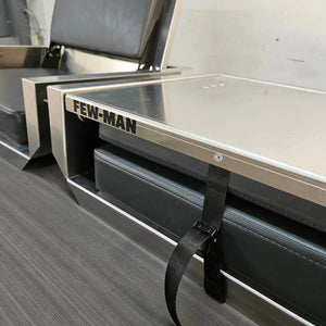 Silver Few-Man JumpSeat, a flip-up stowable boat seat with black vinyl cushions and a cinch strap.