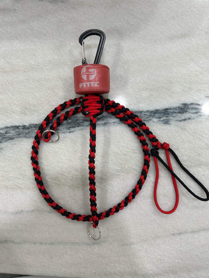 Red and black braided paracord key lanyard with a red float, black carabiner, and kill switch.
