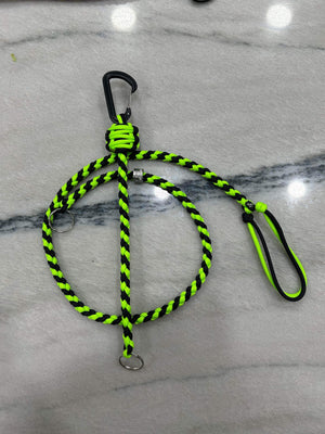 Braided neon green and black paracord key lanyard with a black carabiner clip and kill switch.
