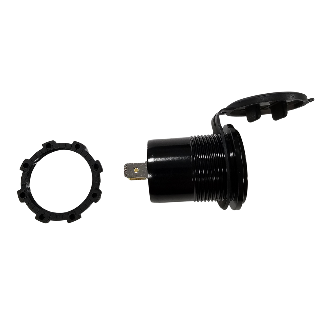 Black 12V-24V LED voltmeter with waterproof cap, shown with mounting ring.