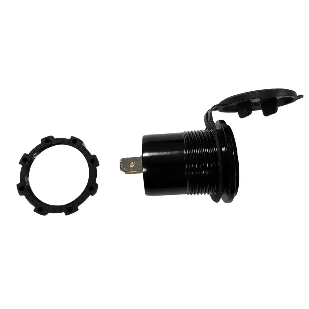Black 12V-24V LED voltmeter with waterproof cap, shown with mounting ring.