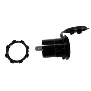 Black 12V-24V LED voltmeter with waterproof cap, shown with mounting ring.