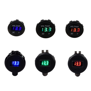Six round black LED voltmeters, three standard with blue, green, red displays, and three USB models.