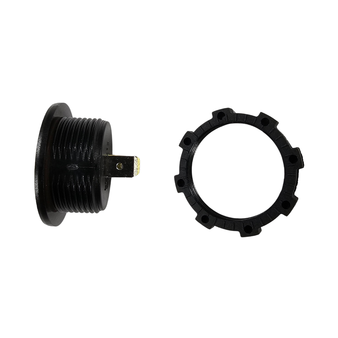 Black LED voltmeter housing with threaded body and a separate black mounting ring.