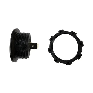 Black LED voltmeter housing with threaded body and a separate black mounting ring.