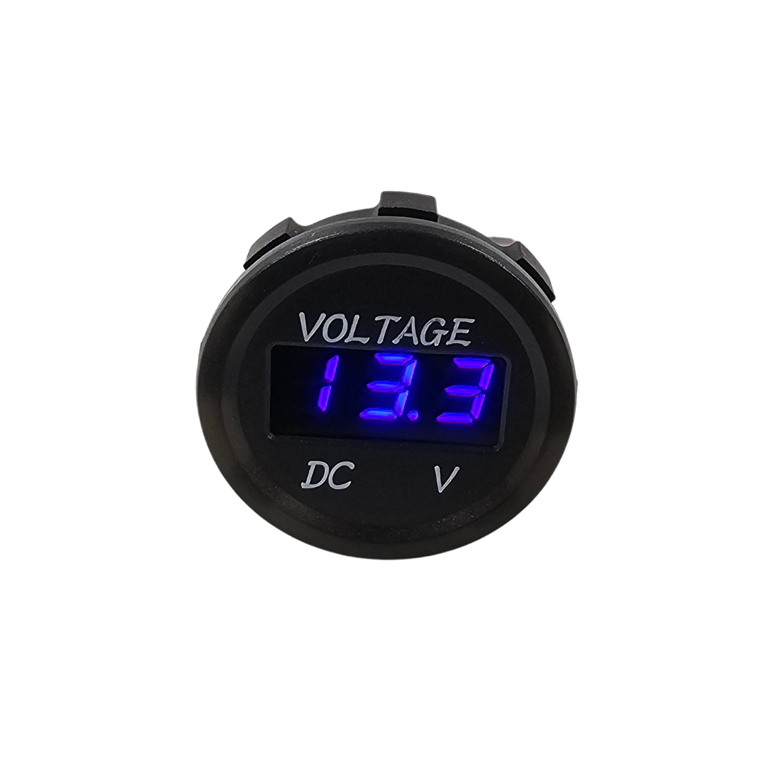 Black LED voltmeter with a bright blue digital display showing "13.3 VOLTAGE DC V".