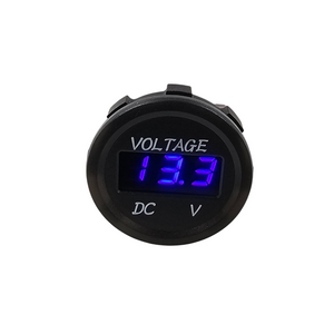 Black LED voltmeter with a bright blue digital display showing "13.3 VOLTAGE DC V".