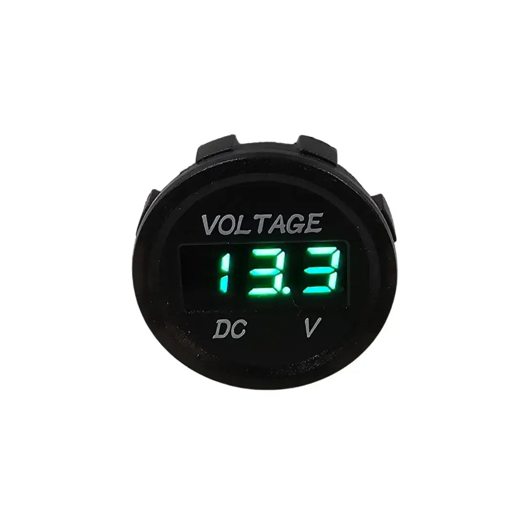 Round black LED voltmeter with a bright green digital display showing "13.3 V" and "VOLTAGE DC".