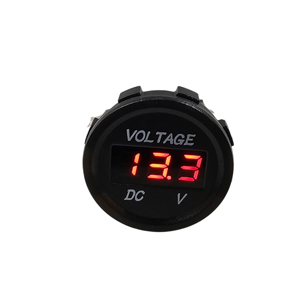 Black round LED voltmeter with a red digital display showing "13.3 VOLTAGE DC V".