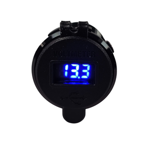 Black marine LED voltmeter with blue digital display showing "13.3", featuring a USB port and waterproof design.