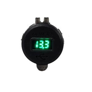 Black round LED voltmeter with green digital display and USB charging port.