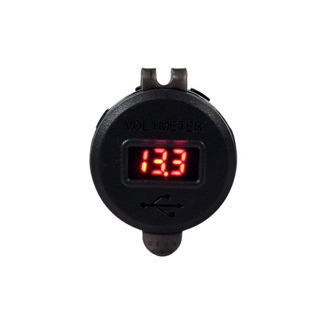 Black waterproof LED voltmeter with red digital display showing "13.3" and a USB symbol.
