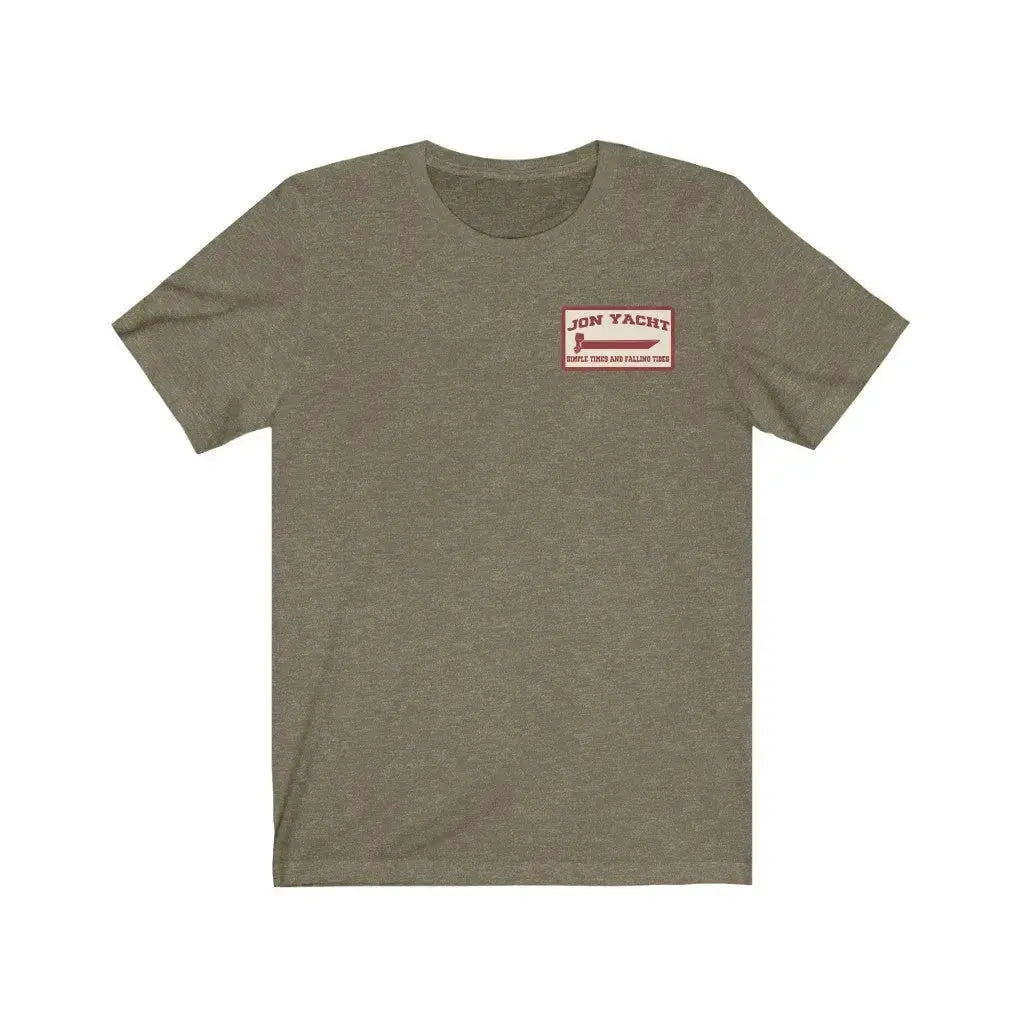 Olive green soft cotton short sleeve tee with "JON YACHT PEOPLE TIRED AND FALLING TIRED" graphic.