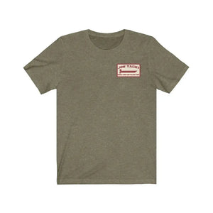 Olive green soft cotton short sleeve tee with "JON YACHT PEOPLE TIRED AND FALLING TIRED" graphic.