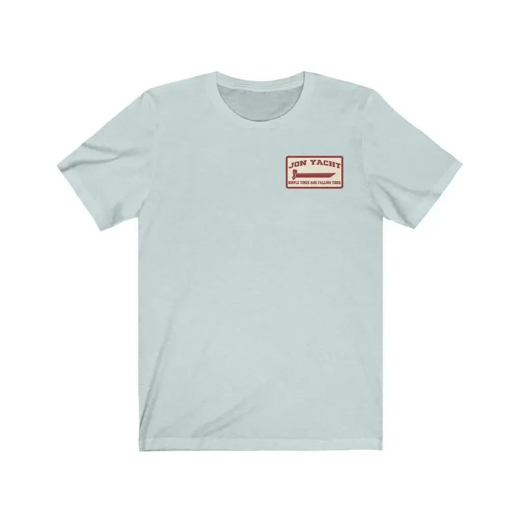 Light blue soft cotton short sleeve tee with a red "JON YACHT" logo on the left chest.