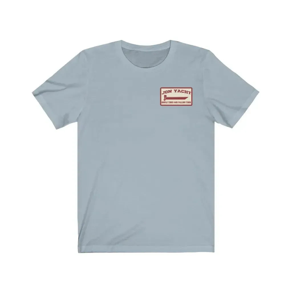 Light blue soft cotton jersey short sleeve tee with a red "JON YACHT" logo on the left chest.