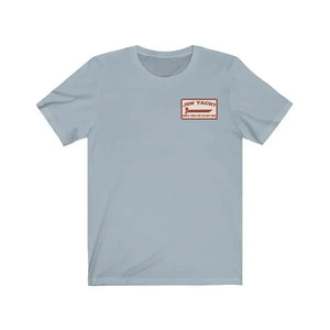 Light blue soft cotton jersey short sleeve tee with a red "JON YACHT" logo on the left chest.