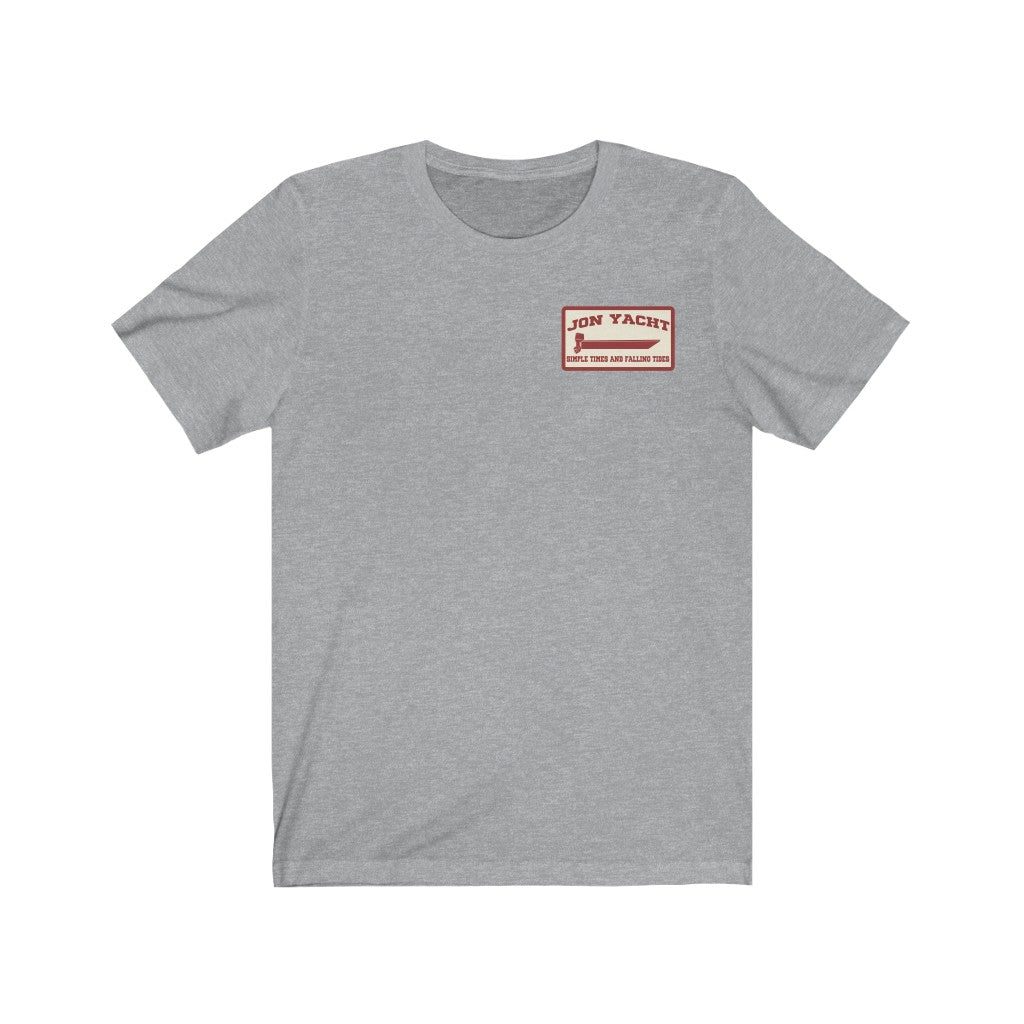 Light gray soft cotton short sleeve tee with "JON YACHT" and "PEOPLE TIRED AND FALLING TIRED" red graphic.