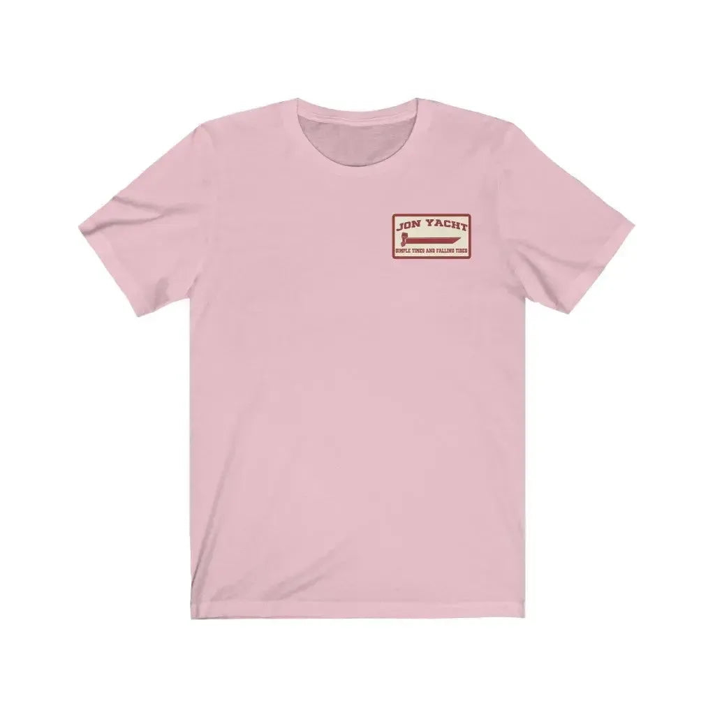 Light pink ladies jersey short sleeve tee with a "Jon Yacht" logo and text on the left chest.