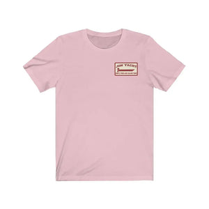 Light pink ladies jersey short sleeve tee with a "Jon Yacht" logo and text on the left chest.
