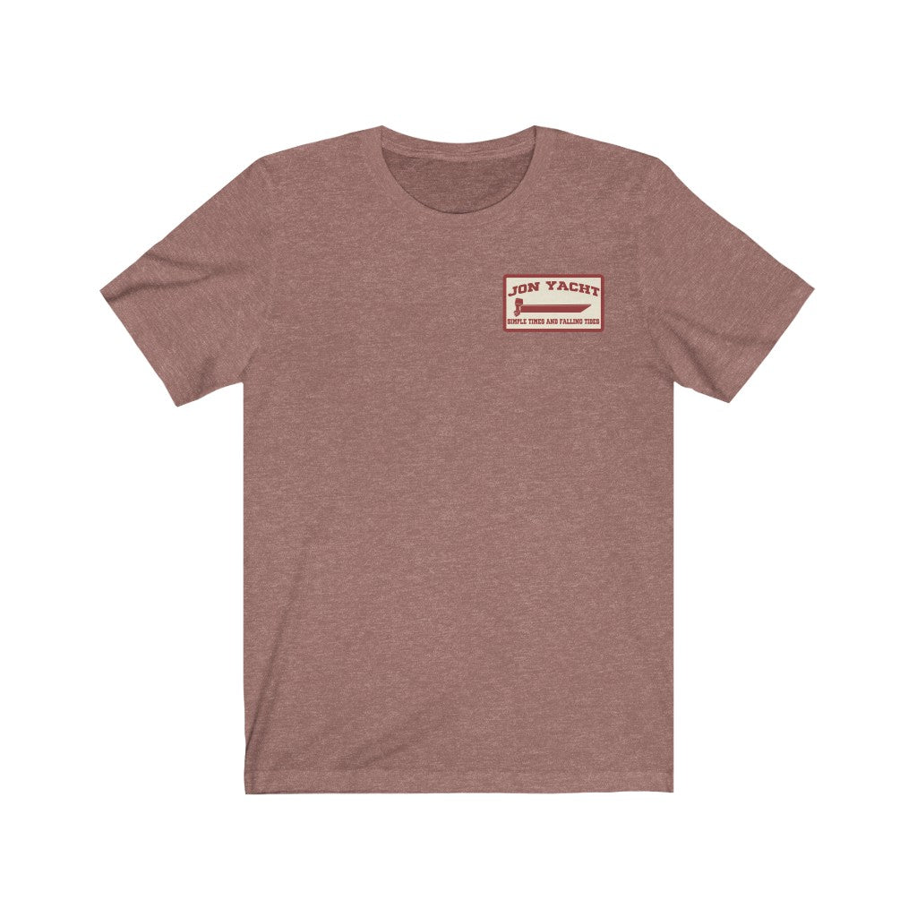 Ladies' soft cotton jersey short sleeve tee in mauve with a red "JON YACHT" logo.