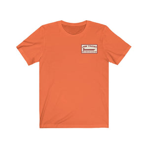 Orange soft cotton jersey short sleeve tee with "JON YACHT" logo and "SIMPLE TIMES AND FALLING TIDES" text.