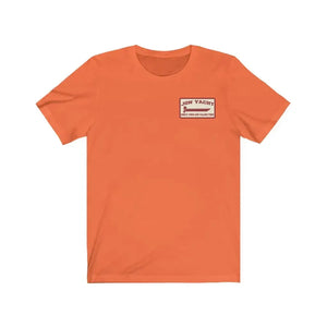 Orange soft cotton jersey short sleeve tee with "JON YACHT" logo and "SIMPLE TIMES AND FALLING TIDES" text.
