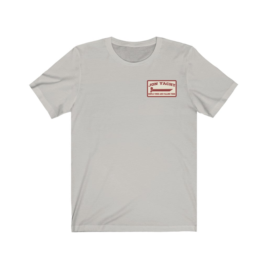 Light grey soft cotton short sleeve tee with a small red "JON YACHT" logo on the left chest.