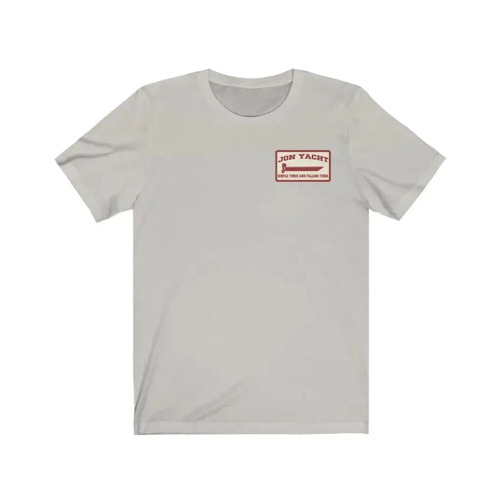 Light grey soft cotton short sleeve tee with a small red "JON YACHT" logo on the left chest.