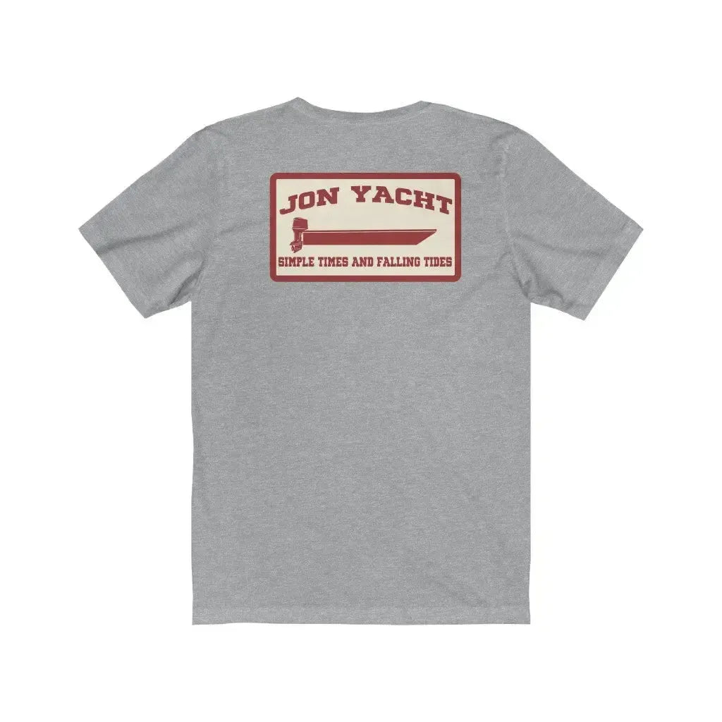 Light grey soft cotton short sleeve tee with a red "Jon Yacht" boat graphic on the back.