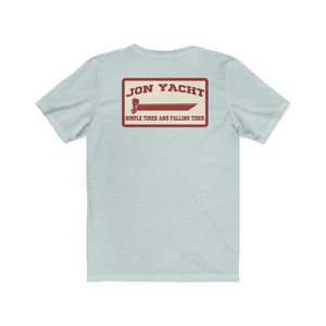 Light blue soft cotton short sleeve tee with a red "Jon Yacht" boat graphic on the back.
