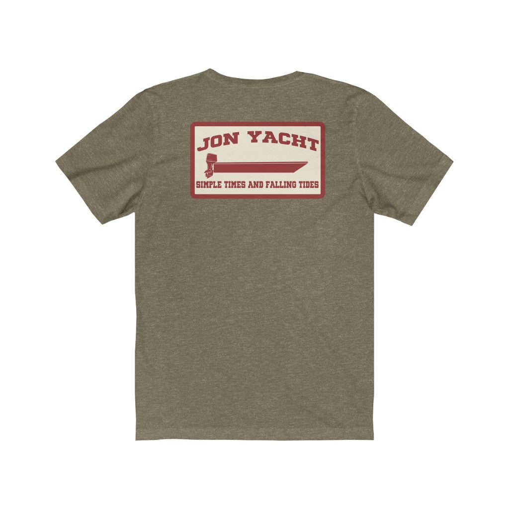 Ladies' soft cotton jersey tee in olive green with a red "Jon Yacht" boat graphic.
