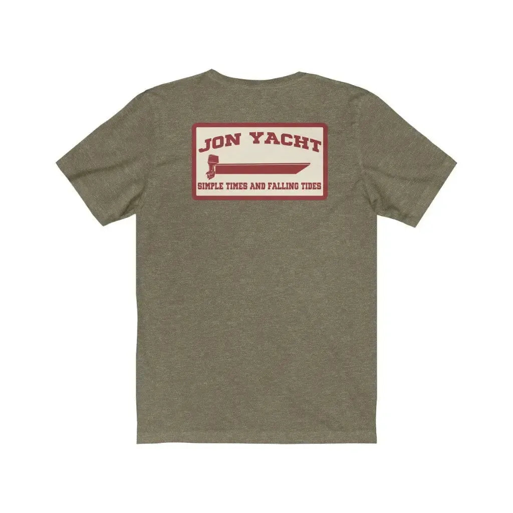 Ladies' soft cotton jersey tee in olive green with a red "Jon Yacht" boat graphic.
