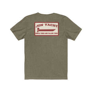 Ladies' soft cotton jersey tee in olive green with a red "Jon Yacht" boat graphic.