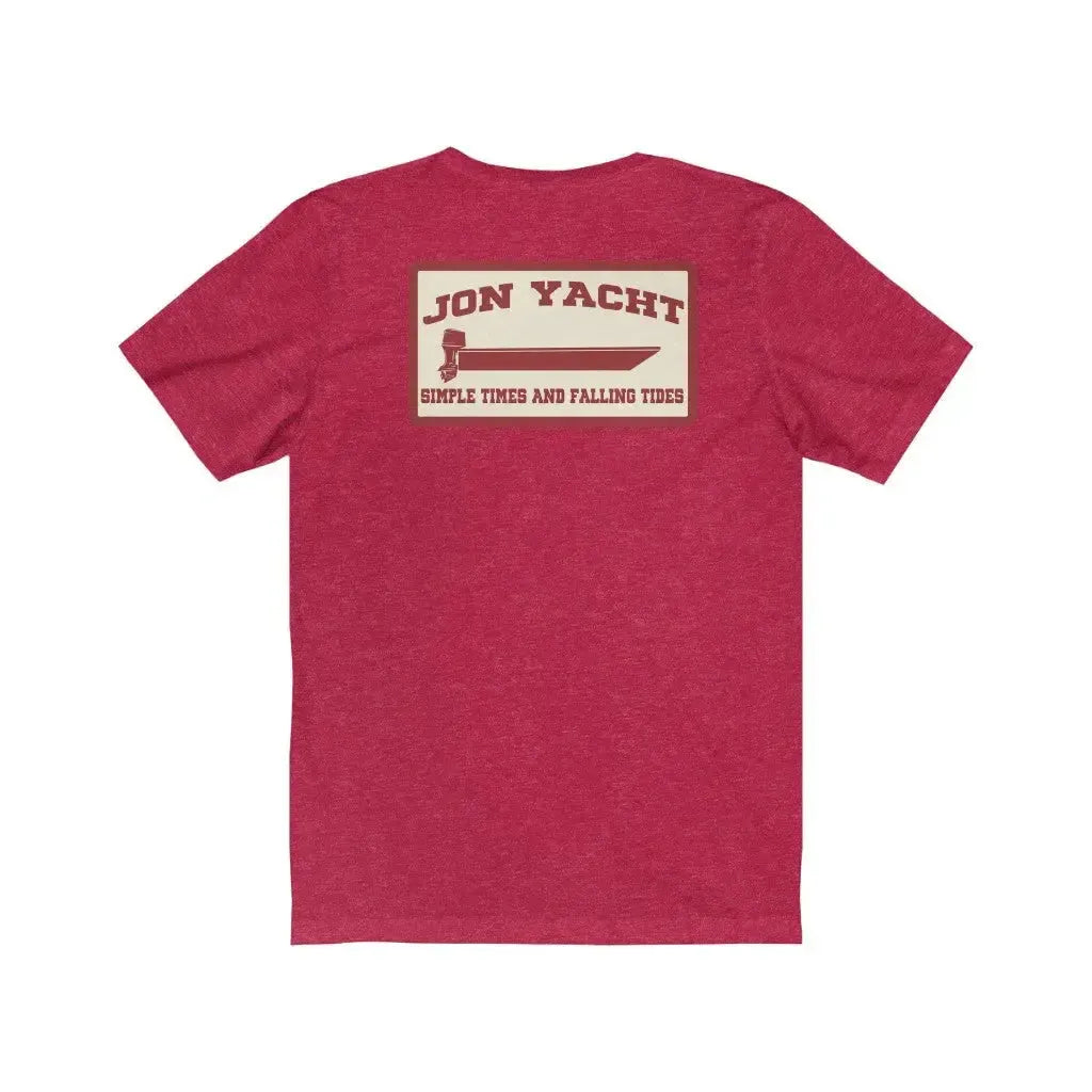 Red jersey short sleeve tee with "Jon Yacht" logo, boat graphic, and "Simple Times and Falling Tides" text.