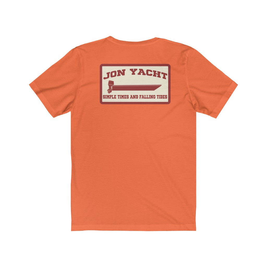 Orange short sleeve jersey tee with "Jon Yacht" boat graphic and "Simple Times and Falling Tides" text on back.