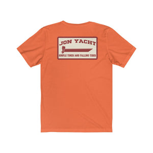 Orange short sleeve jersey tee with "Jon Yacht" boat graphic and "Simple Times and Falling Tides" text on back.