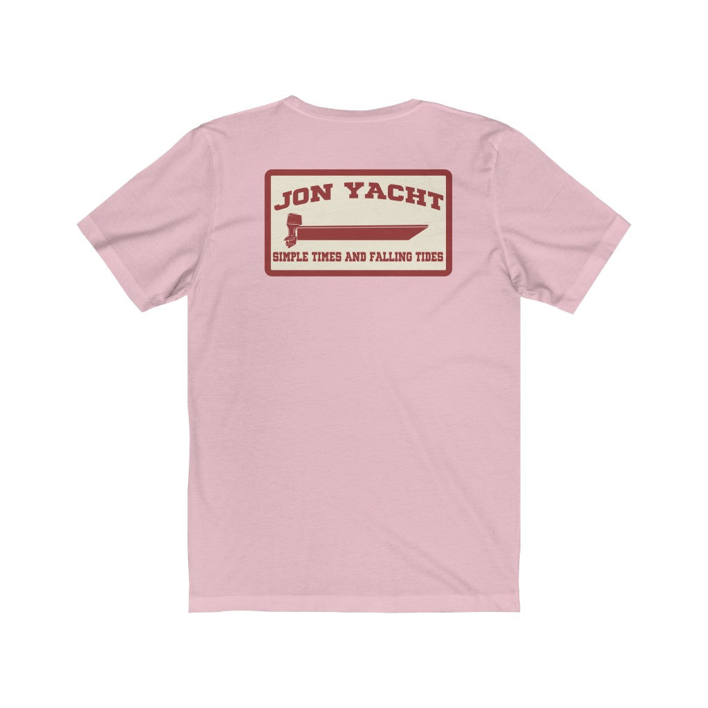 Light pink short sleeve jersey tee with a "Jon Yacht" boat graphic on the back.