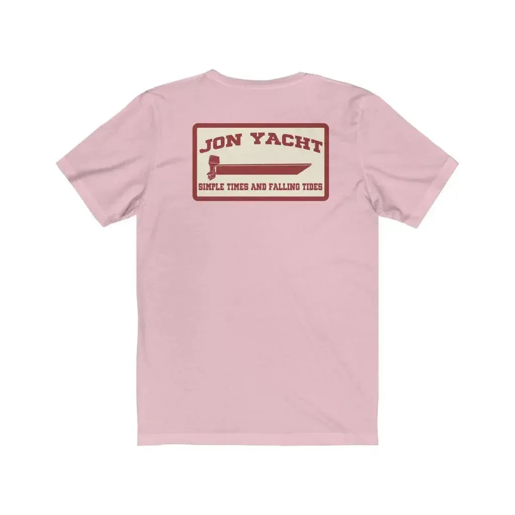 Light pink short sleeve jersey tee with a "Jon Yacht" boat graphic on the back.