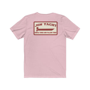 Light pink short sleeve jersey tee with a "Jon Yacht" boat graphic on the back.