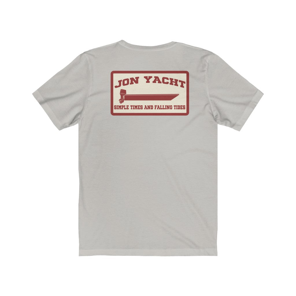 Light grey soft cotton short sleeve tee with a red "Jon Yacht" boat graphic on the back.
