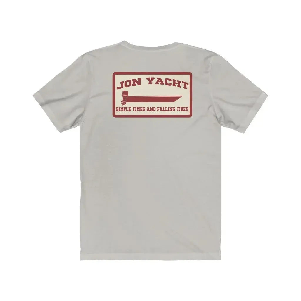 Light grey soft cotton short sleeve tee with a red "Jon Yacht" boat graphic on the back.
