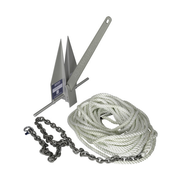 Lewmar 10lb LFX anchoring kit with a gray aluminum anchor, dark chain, and coiled white rope.