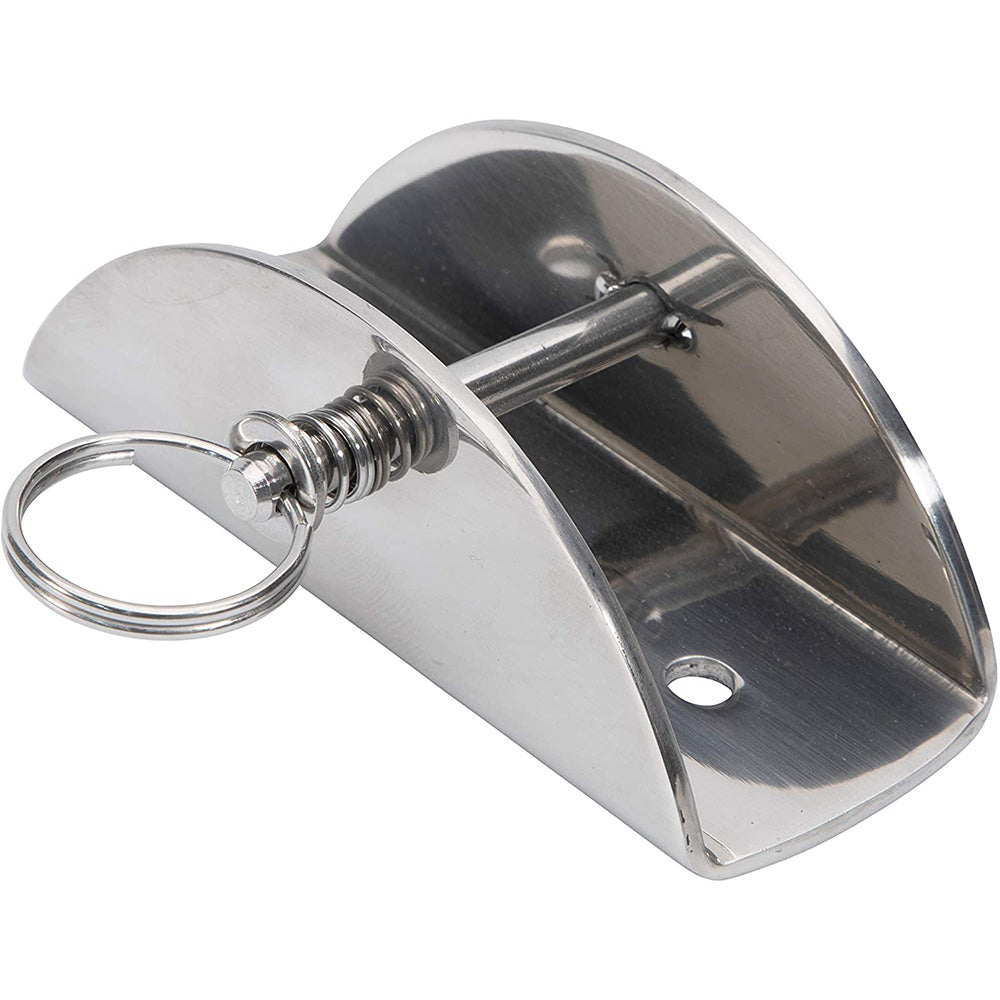 Lewmar stainless steel anchor lock with spring-loaded pin and keyring, designed for up to 55lb anchors.