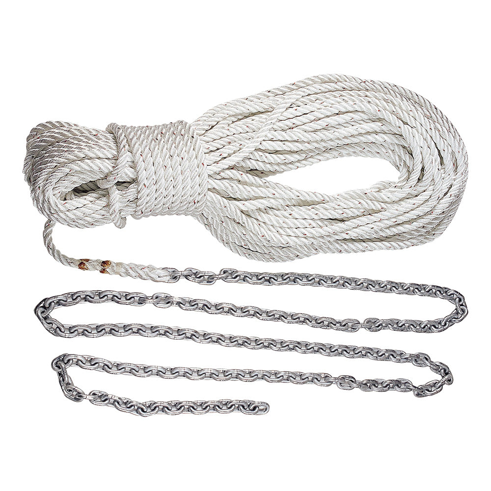 Lewmar 215' anchor rode: 15' of 1/4" galvanized chain and 200' of white 1/2" 3-strand rope.