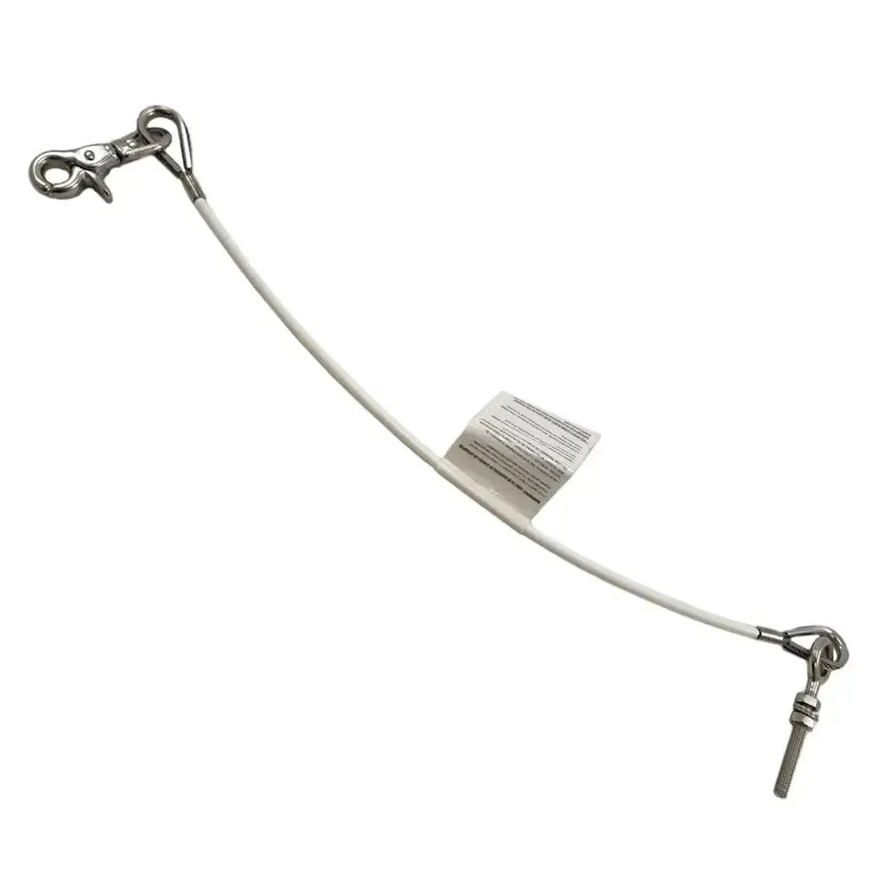 Lewmar 11" stainless steel anchor safety strap with white cable and two silver clips.